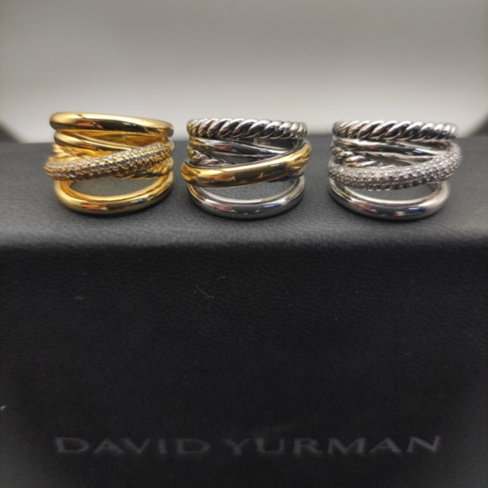 David Yurman 17.5mm Gold and Silver Five-Line Cross Pavé Diamond Ring