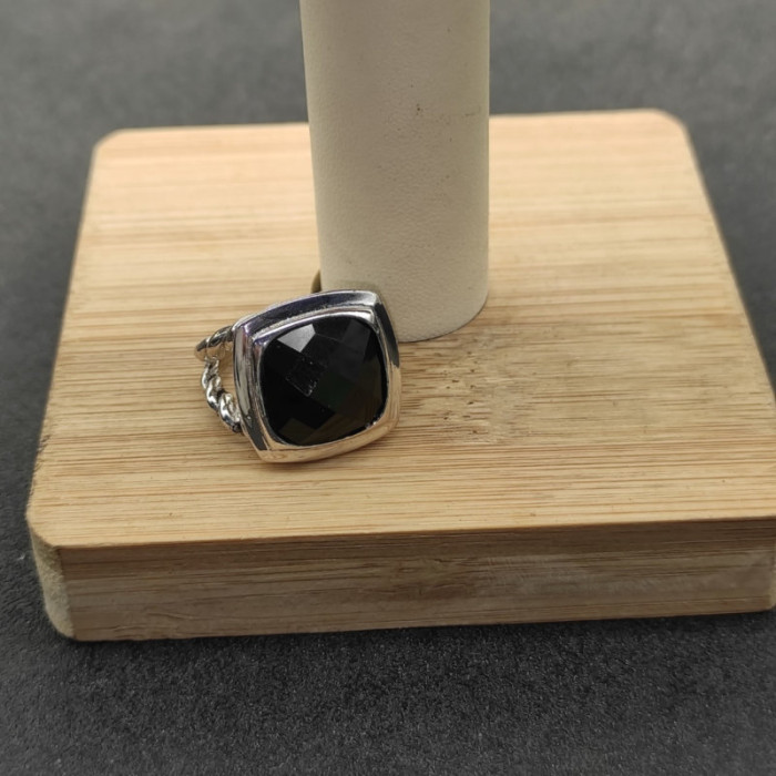 David Yurman Silver 14mm Polished Square Black Diamond Ring