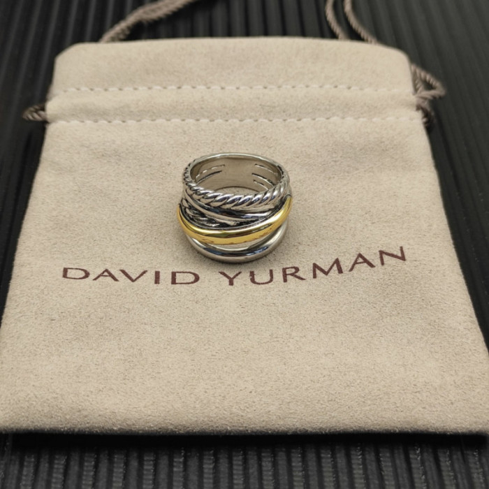 David Yurman 17.5mm Gold and Silver Five-Line Cross Pavé Diamond Ring