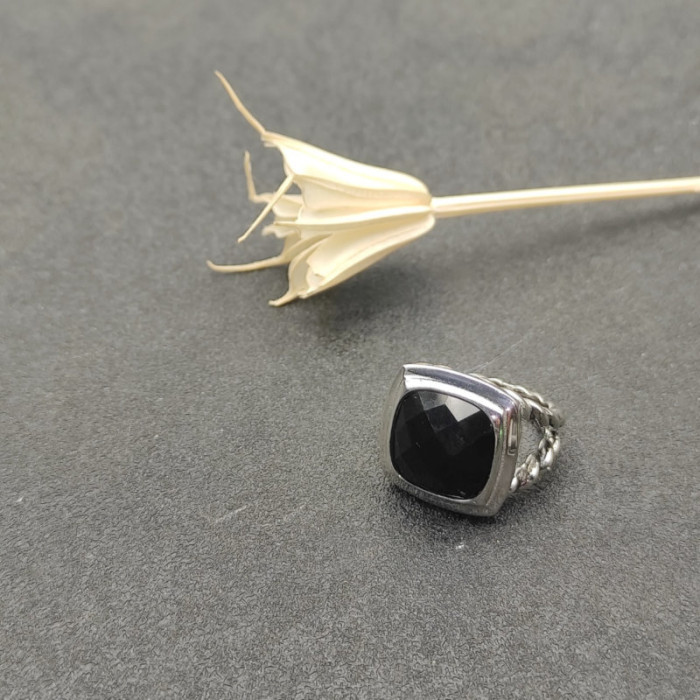David Yurman Silver 14mm Polished Square Black Diamond Ring