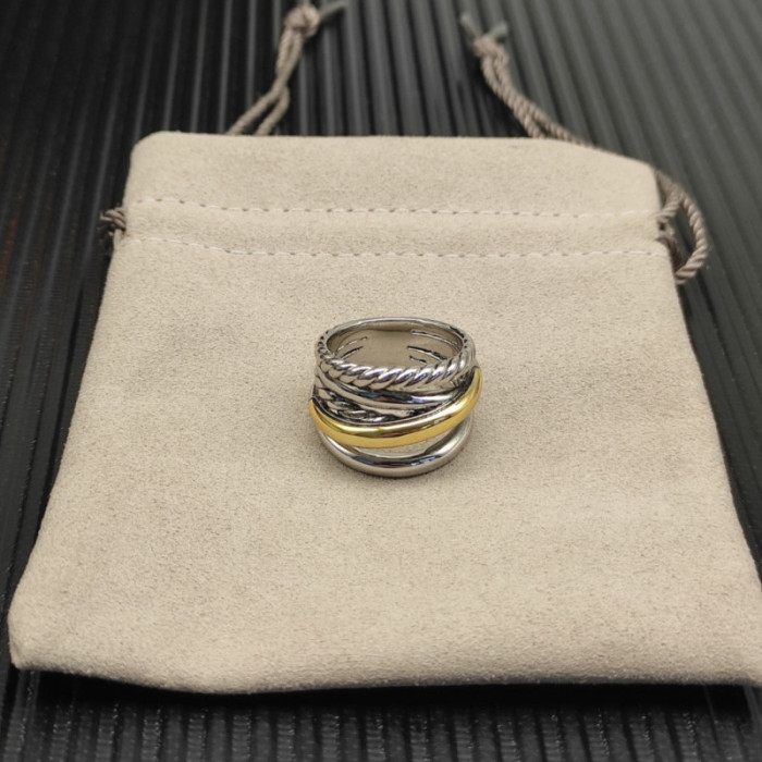 David Yurman 17.5mm Gold and Silver Five-Line Cross Pavé Diamond Ring
