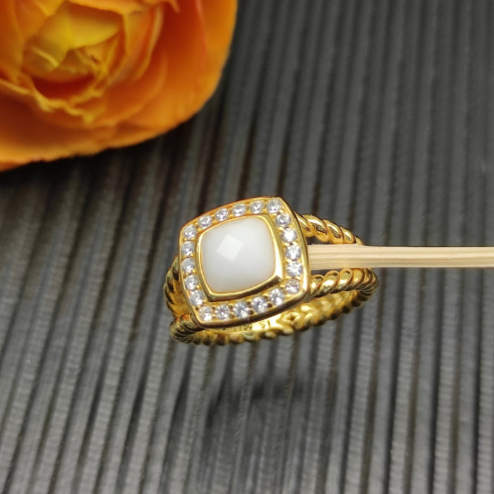 David Yurman Gold Square White Agate Pavé Diamond Ring