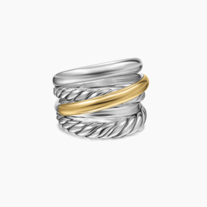 David Yurman 17.5mm Gold and Silver Five-Line Cross Pavé Diamond Ring