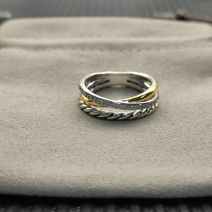 David Yurman Silver and Gold Pavé Twisted Cable Cylinder Ring