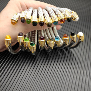 David Yurman 7mm Gold-Tone End Caps Sterling Silver Cable Cuff Bracelet 5-Row Pavé Light Green Diamonds
