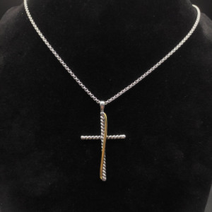David Yurman Silver and Gold Cross Pendant Necklace with Cable Bar Details