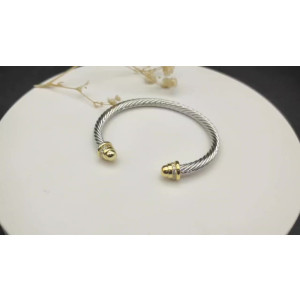 David Yurman 5mm Gold and Silver Cable Cuff Bracelet with Pavé-Set Round End Caps