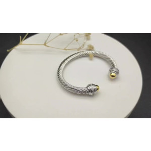 David Yurman 7mm Gold and Silver Cable Cuff Bracelet with Pavé-Set Round End Caps