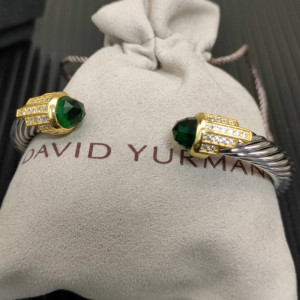 David Yurman 7mm Gold-Tone End Caps Sterling Silver Cable Cuff Bracelet Light Green Diamonds